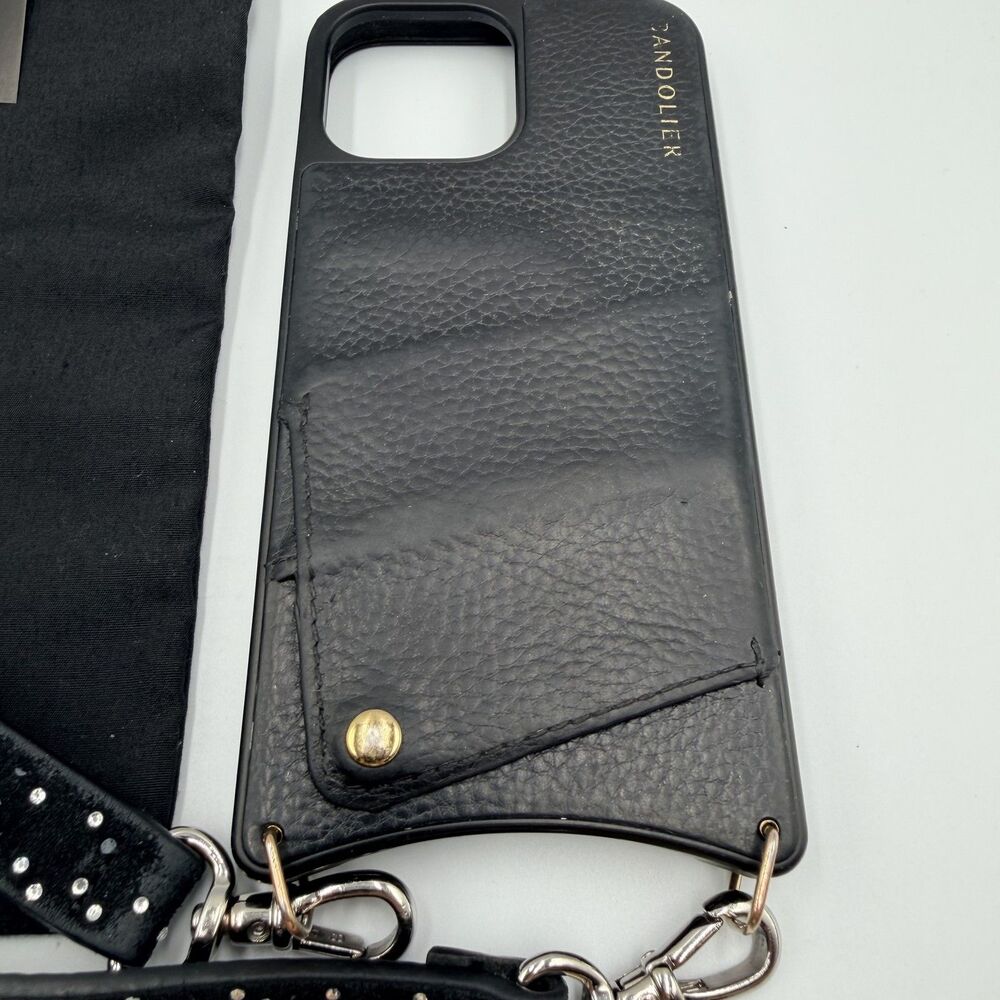 BANDOLIER Black Leather Crossbody iPhone 13/14 Pro Max Case; Rhinestone Strap - Picture 2 of 13